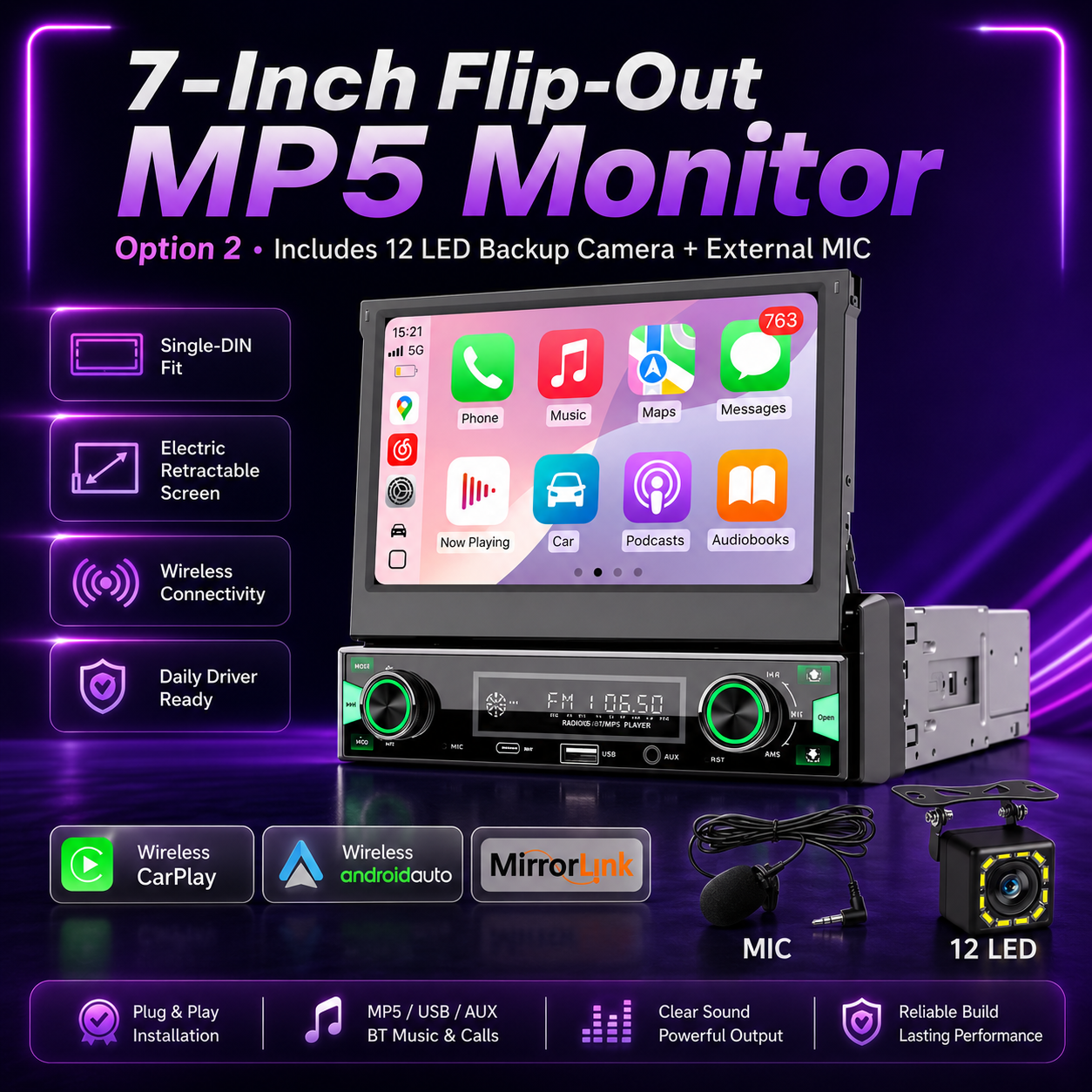 7-Inch Single-DIN Motorized CarPlay & Android Auto Radio
